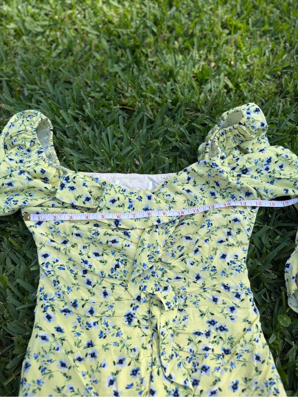 Yellow Floral Ruched Mini Dress Puff Sleeve Cottagecore Size S - Picture 3 of 7